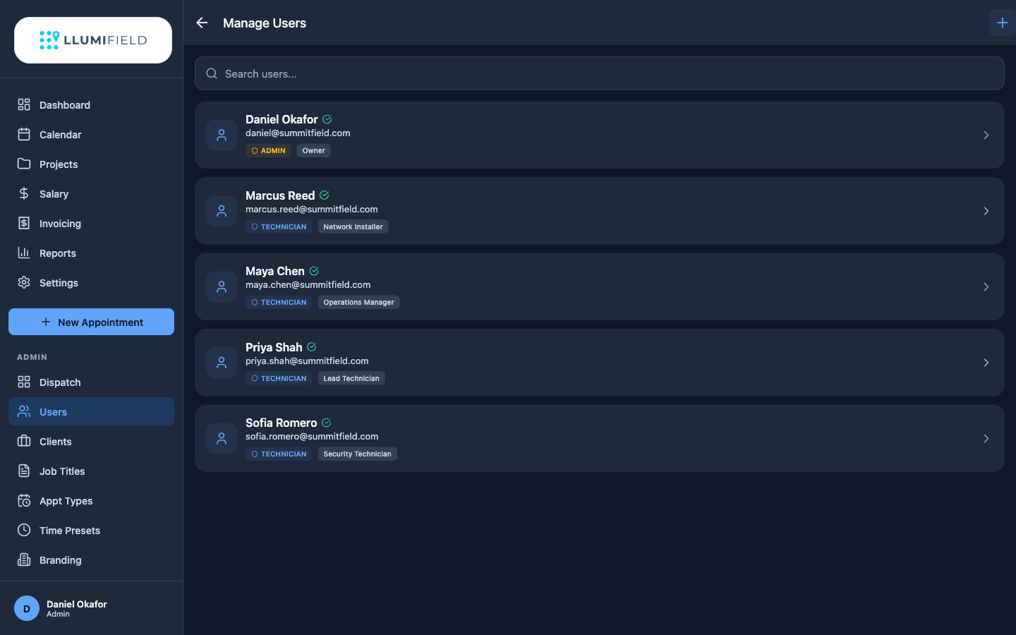 LLUMIFIELD user management page in dark theme with team members, roles, and job titles