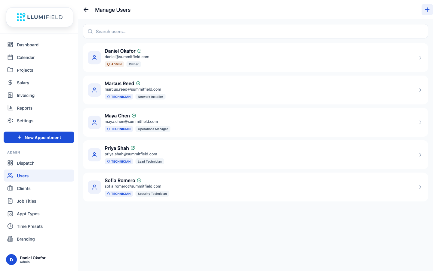LLUMIFIELD user management page with team members, roles, and job titles