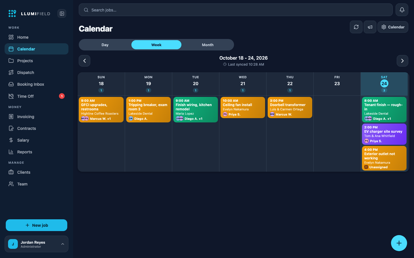 LLUMIFIELD Calendar week view in dark theme with color-coded jobs showing the client and assigned crew