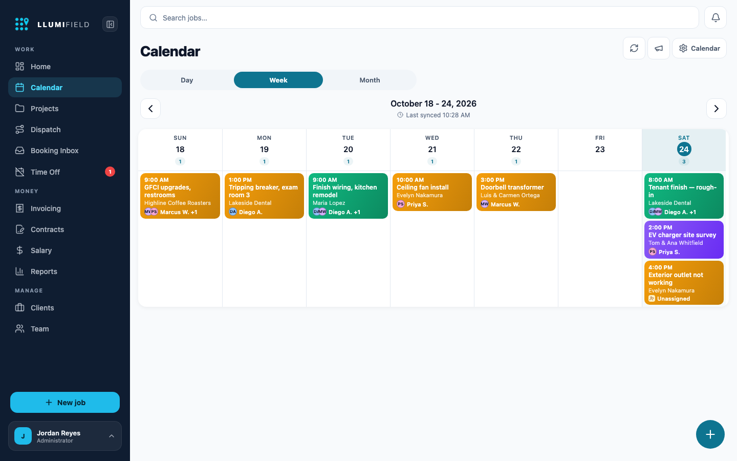 LLUMIFIELD Calendar week view with color-coded jobs showing the client and assigned crew