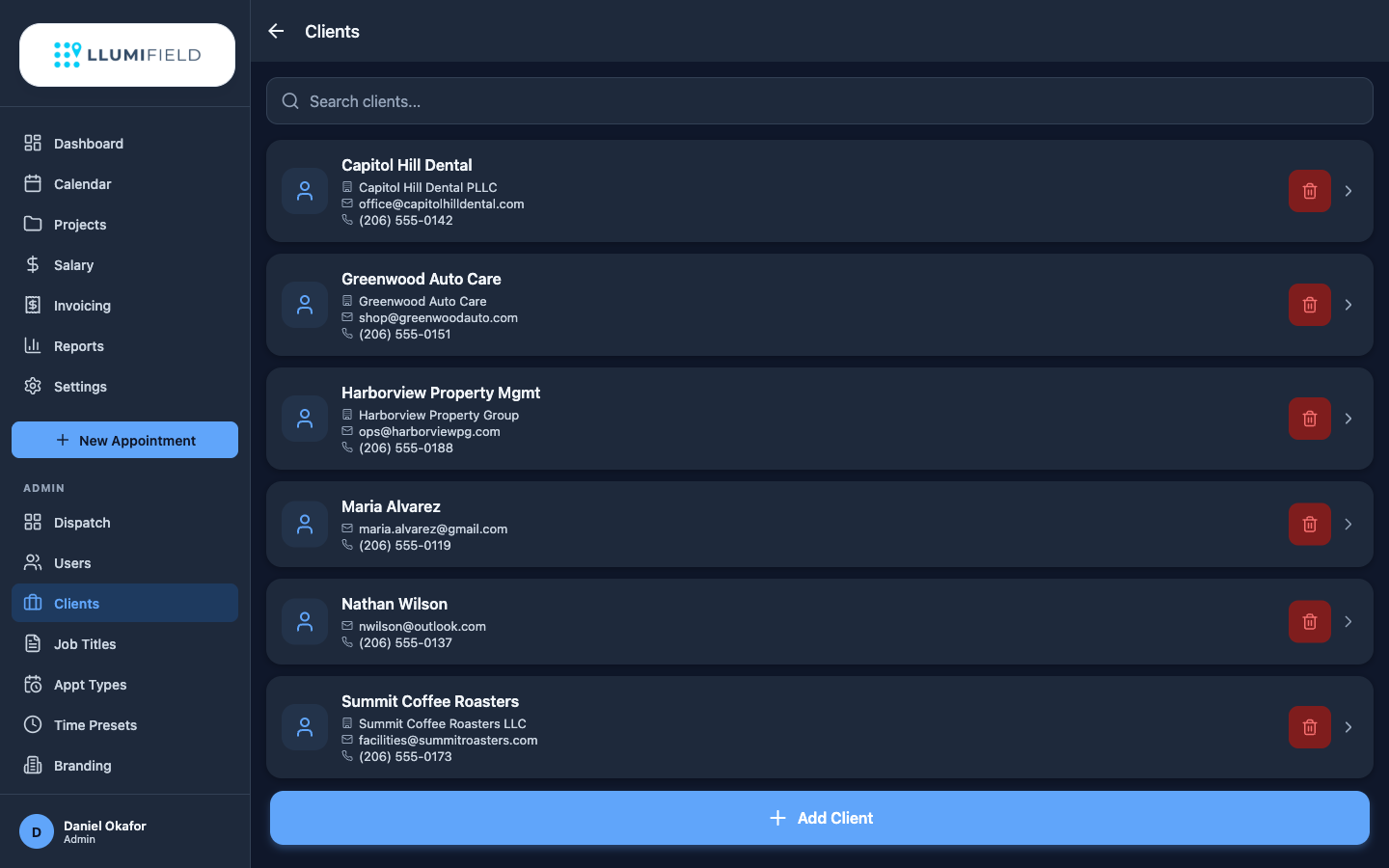 LLUMIFIELD clients list in dark theme with contact details and quick actions