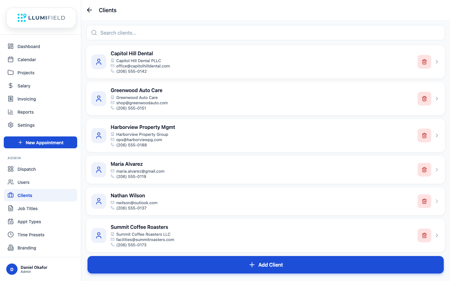 LLUMIFIELD clients list with contact details and quick actions