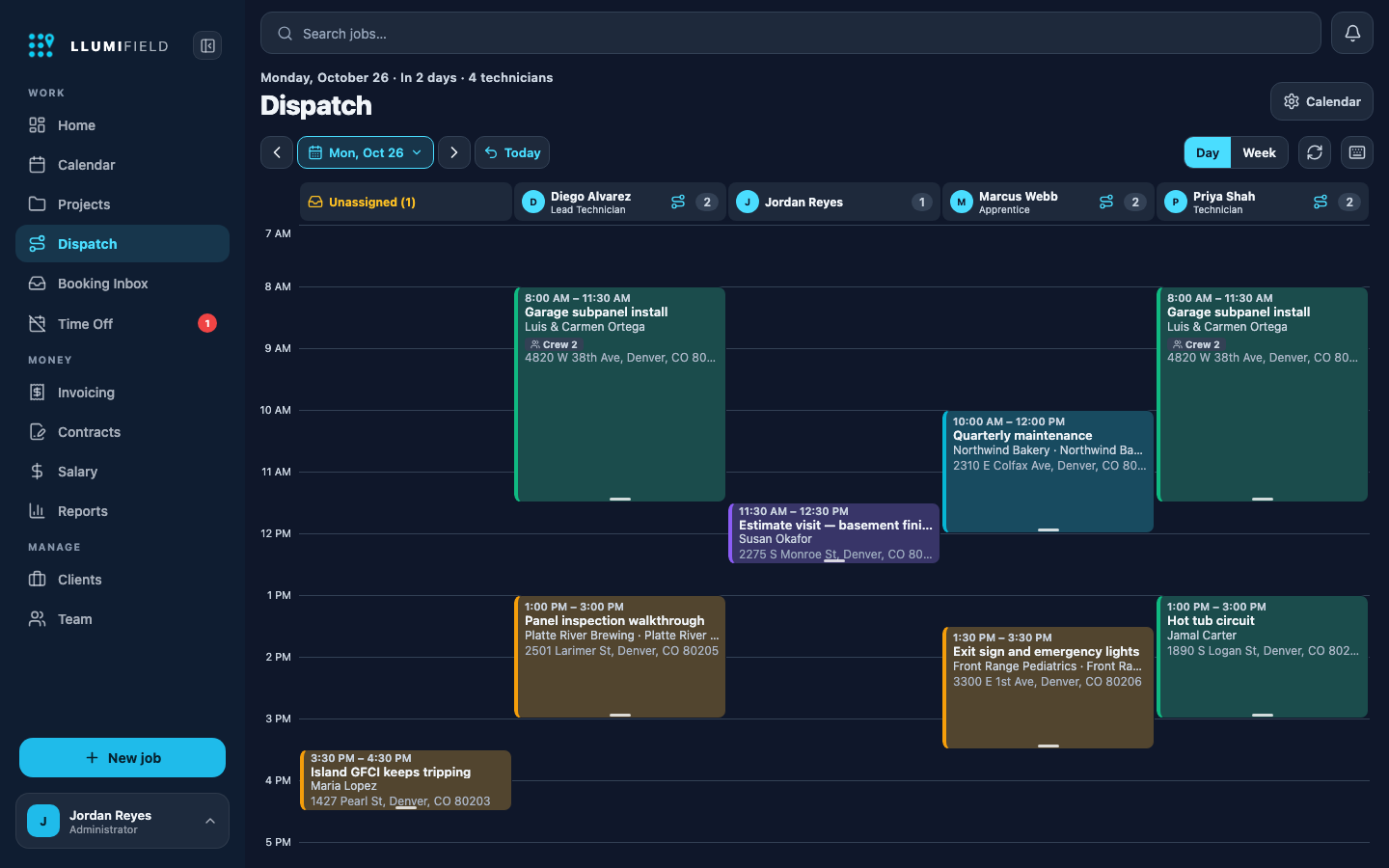 LLUMIFIELD Dispatch board in dark theme with an Unassigned column and one column of scheduled jobs per technician