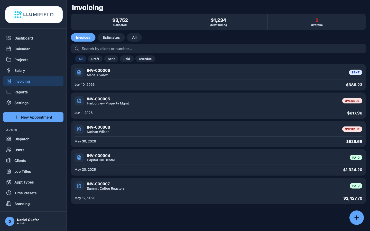 LLUMIFIELD invoicing list in dark theme with paid, sent, and overdue badges