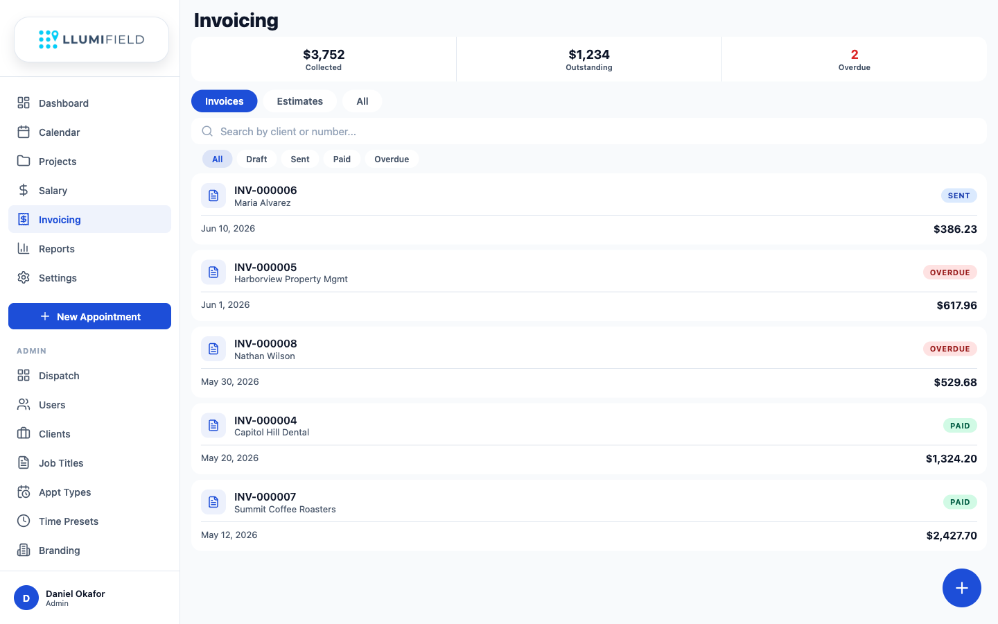 LLUMIFIELD invoicing list with paid, sent, and overdue badges