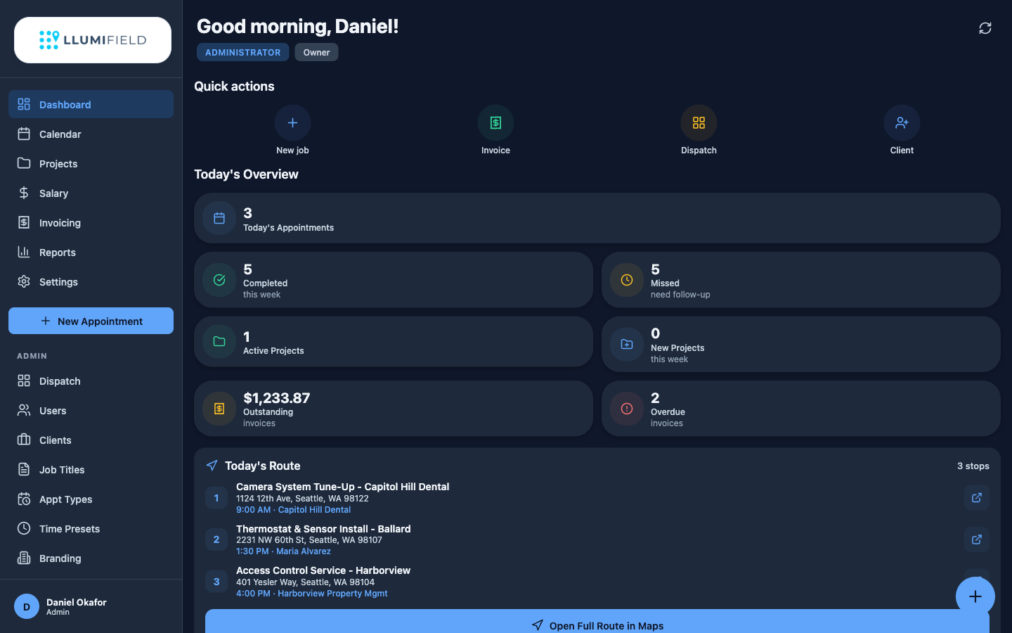LLUMIFIELD dashboard in dark theme with today's overview, route, and upcoming appointment