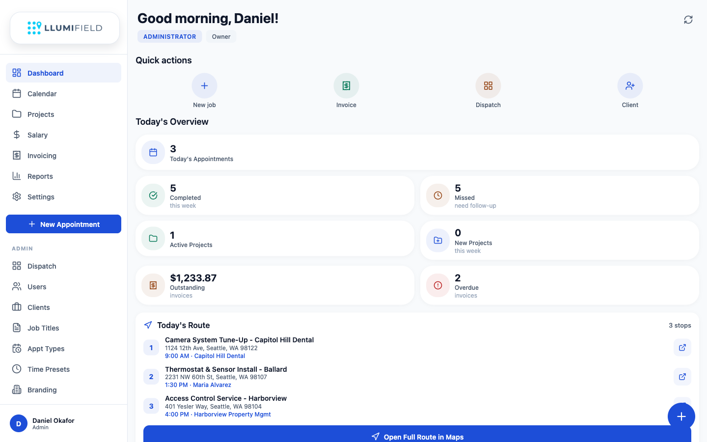 LLUMIFIELD dashboard with today's overview, route, and upcoming appointment